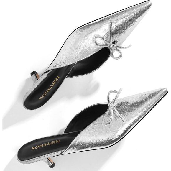 RONILURN Kitten Heel Silver Faux Leather Women Pumps Bow Closed Toe Pointed - Picture 4 of 8